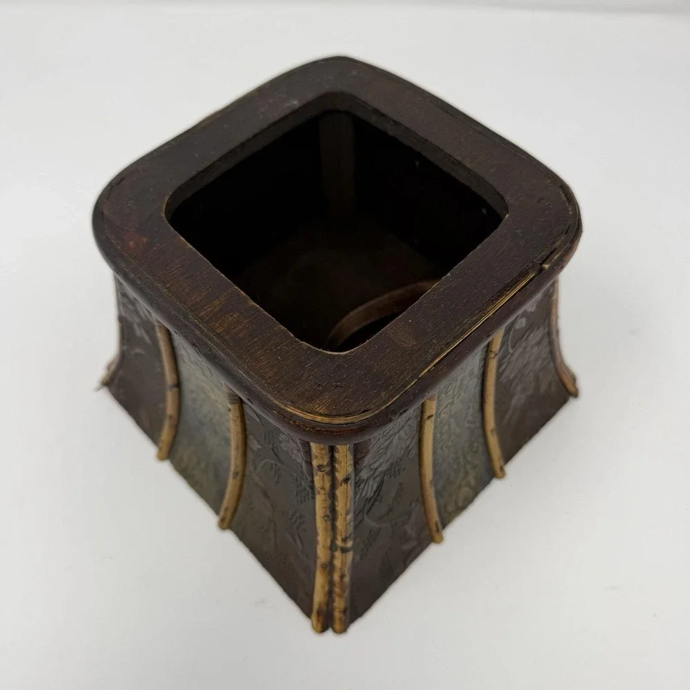 VTG Wooden Bamboo Storage Trinket Box Wicker Woven Embossed Floral Panels w/ Lid
